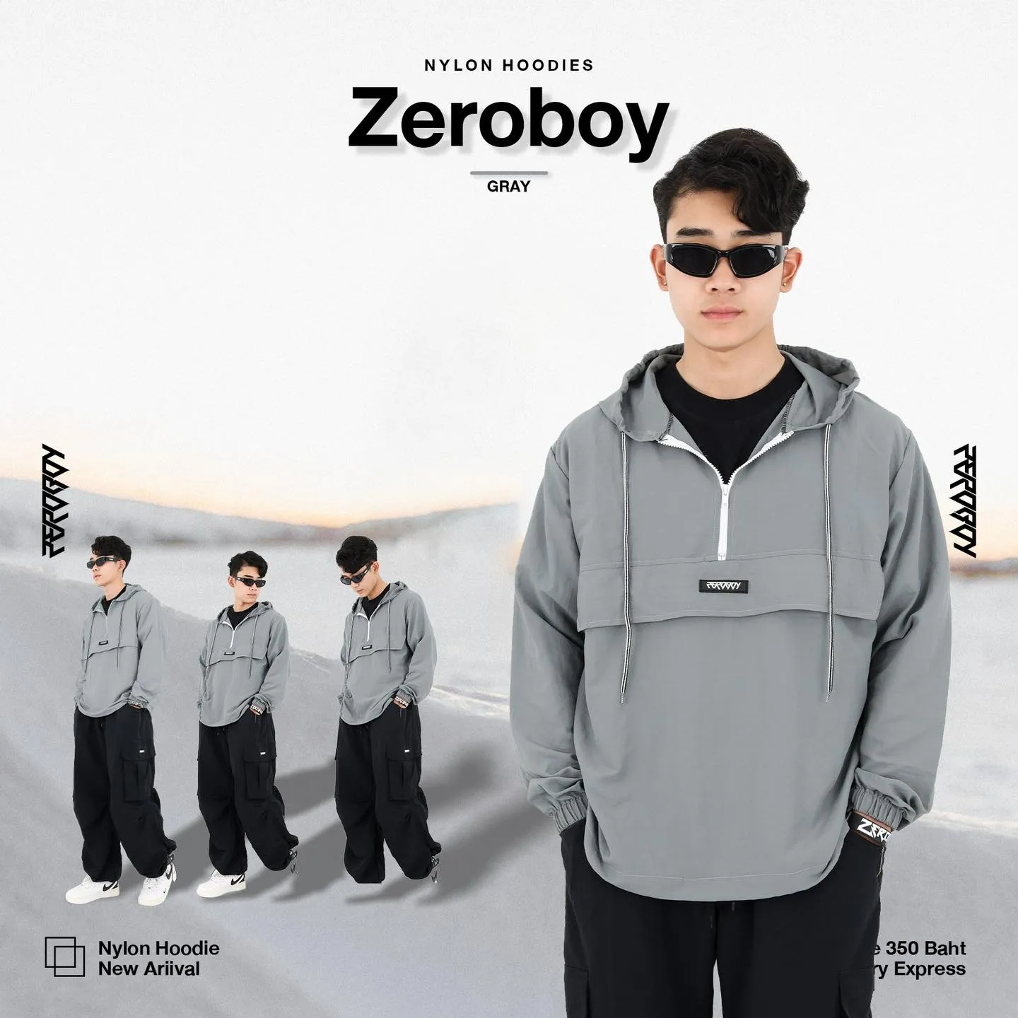 ZEROBOY - NYLON HOODIES “ รุ่น 5 สี สีขาว สีครีม สีเทา สีกรม สีดำ