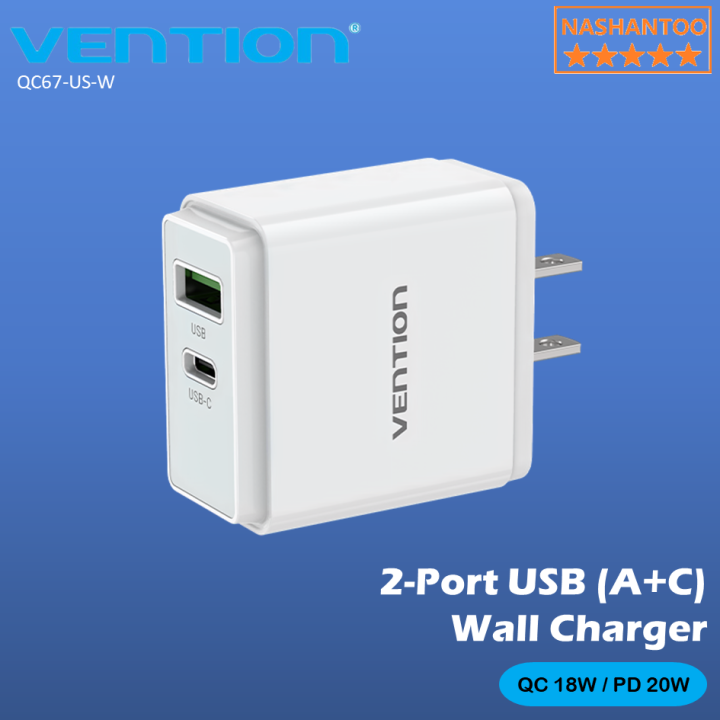 Vention Two Port USB(A+C) Wall Charger (18W/20W) US-Plug White