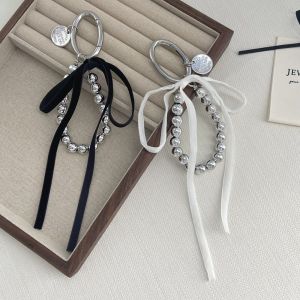 HOTOTO Black White Color Bead Keyring Silk Ribbon Engraved Oval Metal Ribbon Keychain Korean Style Hanging Cord Rope Metal Key Ring for Young Women