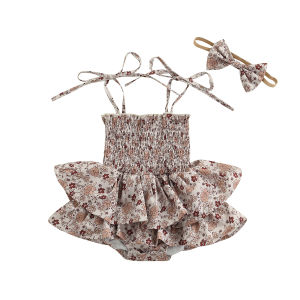 Baby Sleeveless Dress with Hair Accessories Adjustable Straps Ruffle Decoration Bow Spring Clothing