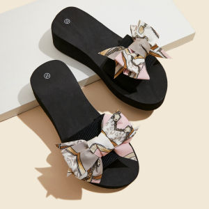 [Free Shipping] Plus-Size WomenS High-Heeled Slippers New Summer Style Outdoor Fabric Bag With Bow Slip-On Wedge Heel