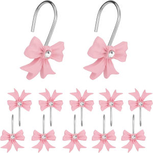 12Pcs Shower Curtain Hooks Lightweight Resin Pink Bow Knot Curtain Hooks Glide Shower Rings Bathroom Curtain Pink Decor Hooks