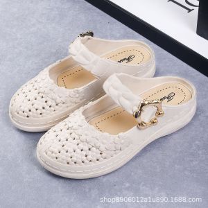 [Free Shipping] New Spring And Summer WomenS Open-Toe Sandals With Hollow Floral Design Wedge Heel Versatile For Outdoor Wear Cool Half-Slippers