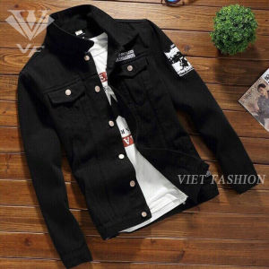 ÁO KHOÁC JEANS NAM THƯƠNG HIỆU CAO CẤP VIET FASHION VF AK ĐEN IN THÊU