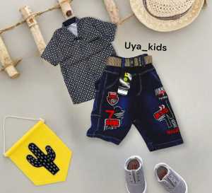 TERMURAH baju setelan anak kemeja motif polka lengan pendek celana jeans pendek untuk usia 6 bulan sampai 4 tahun-free gesper//pakaian anak cowok lengan pendek bisa bayar di tempat//satu setel baju anak laki laki termurah dengan celana jeans//