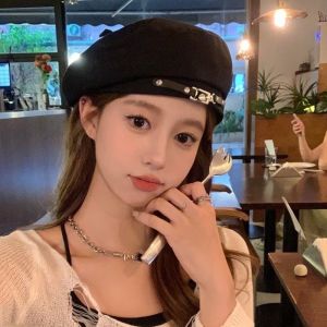 BEAUTYLADIES แบบเกาหลี หมวกเบเร่ต์วินเทจ รอบศีรษะใหญ่ ผ้าสีพื้น หมวกจิตรกร แบบสบายๆ จ.ก. หมวกแปดเหลี่ยมหัวเข็มขัดโลหะ ผู้หญิง