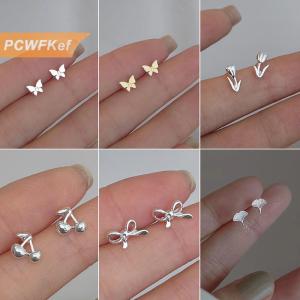 【PCWFKef】 1 cặp tối giản kim bạc đinh tán Tai Tulip nhỏ Anh đào tình yêu nhỏ bông tai trái tim Phụ Nữ Bướm Xỏ Khuyên Tai Quà Tặng
