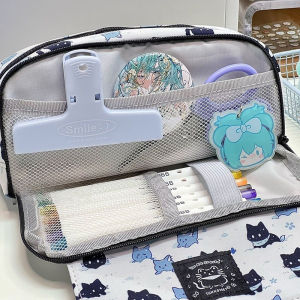 Minwen Kawaii Three-layer Snow Cat Pencil Cases Large Capacity Pencil Bag Pouch Holder Box Office Student Stationery Organizer School Supplies