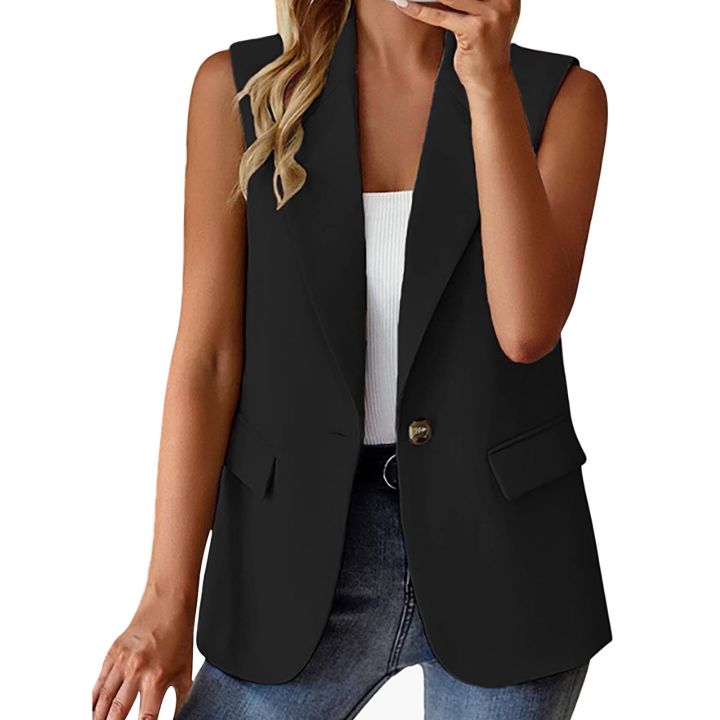 Shemi Women Summer Waistcoat Sleeveless Business Vest Coat Solid Color  Lapel Pockets Single Button Straight Formal OL Style Commute Coat