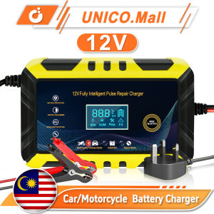 UNICO 12V/24V Car Battery Charger 8A Motorcycle and Car Acid Battery Charger Smart Battery Pulse Repair Pengecas Bateri Kereta