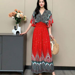 Dazzlin  National fashion V Collar Cotton Silk Short Sleeve Beach Dress Thailand Tourism Dress Dress Summer Print Holiday Floral Dress