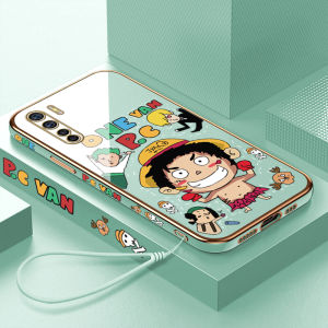 (With Lanyard) UCUC Phone Case For OPPO Reno 4F 5F Reno4 F /OPPO A93 A94 OPPO A91 A73 Reno3 4G Case For Boys Cartoon Funny Anime Luffy Square Edge Plated Phone Shell Plating Softcase