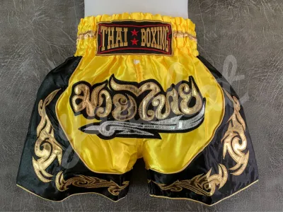 กางเกงมวย กางเกงมวยไทย ปักลายกนกทอง ไซส์ผู้ใหญ่ คุณภาพเยี่ยม Kick Boxing Shorts ไซส์ M-XXXL สีเหลือง