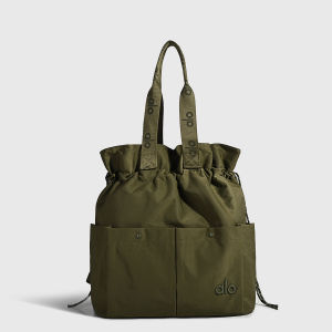 Drawstring Tote Bag ALO Embossed Logo Double Front Pockets Large Capacity Nylon Yoga Shoulder Handbag