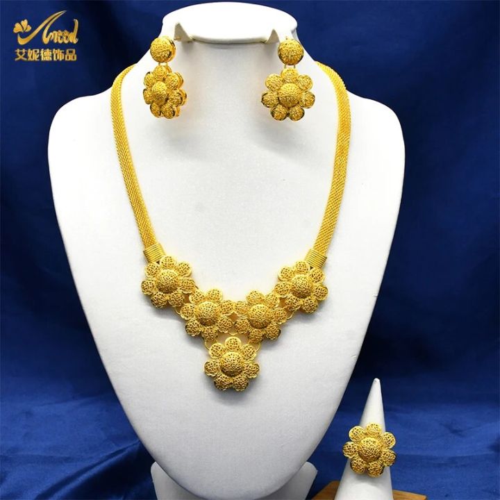 ANIID Dubai 24k Gold Plated Flower Shape Necklaces Earrings Rings Sets For  Women Arabic Jewelry Set Ethiopian Bridal Party Gifts Lazada PH