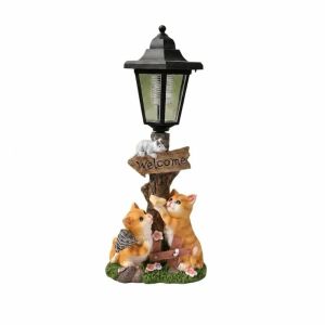 YERZ Dual-Use Flowerpot Solar Cat Statue Hand-Painted Resin Solid Material Garden Sculpture Lamp Cute Appearance Warm LED Light Outdoor Figurine Light Porch Decor