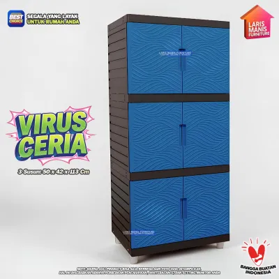 LEMARI PAKAIAN KINGDOM VIRUS LEMARI PINTU 3 SUSUN KABINET LEMARI PLASTIK MINIMALIS - FULL CREAM