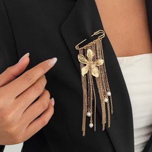 NRFYKYU Paper Clip Shape Golden Beaded Tassel Brooch Light Luxury Style Floral Pin Tassel Ornaments Retro Exquisite Breastpin Tassel Chain Pins Spring Summer