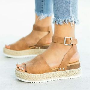 [Free Shipping] Spring And Summer Plus-Size WomenS Sandals With Rope Soles Platform Heels And Buckle Details