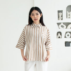 QUEENTIN Kemeja Wanita Casual 0657 Katun Woven Motif Salur Lengan Siku 3/4