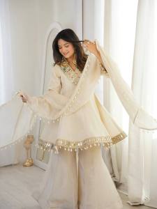 Women Designer Organza Silk Sharara Suit Set with Dupatta Mirror Work Party Wear Ethnic Outfit with Full Flair Palazzo