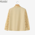 ZANZEA Korean Style Women Trendy Bowknot Lace Patchwork Blouses 3/4 Sleeve V-Neck Plain OL Top #0922. 