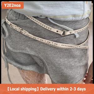 【Local shipping】 Y2k Punk đinh tán da đôi mỏng vành đai phụ nữ người đàn ông PU đen trắng eo Dây đeo hợp thời trang dây thắt lưng jeans váy trang trí