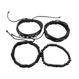4Pcs Punk Inspired Leather Wristbands Vintage Braided Cuffs With Metal Spikes and Beads
