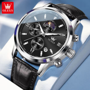 OLEVS 9812 Men Quartz Fashion Watch Gift Leather Watchband Round-dial Wristwatch Moon Phase Calendar Luminous Timer