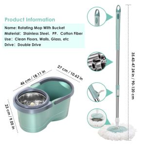 Hisoa 360° Spin Mop w/ Steel Basket | Self-Wash 2-in-1 System | Microfiber Head