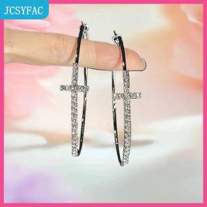 JCSYFAC  Sáng bóng lớn circel chéo Hoop Bông tai cho phụ nữ tinh tế thạch tai khóa cao cấp hình học đồ trang sức quà tặng
