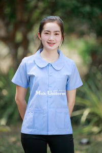 เสื้อกาวน์ size 32-50 คอบัว ฟ้าริ้ว แขนสั้น ไม่มีโลโก้ มุกยูนิฟอร์ม Mukuniform