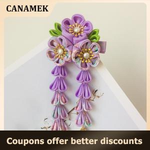 【 CANAMEK 】 Japanese Kimono Fabric Flower Folding Fan Children Hair Accessories Clip Tassel Headwear Headdress Barrette
