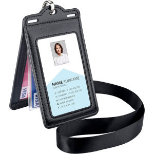 Badge Holder Trifold with Lanyard Leather Card Holders and Clear ID Window for Office Staffs Student Teacher Couriers Formal Classic Black
