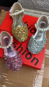 [Free Shipping] 2025 Spring New Korean Style Fashionable Little GirlS Versatile Shiny Princess Shoes Summer Pearl High Heels