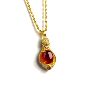 Kalung Berlapis Emas Wanita Bertatahkan Batu Alam Panjang/ Liontin Permata Merah Delima