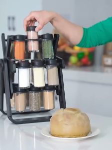 18-in-1 Rotating Spice Tower Rack Large Capacity Glass Jar Condiment Organiser Chef Kitchen Tool