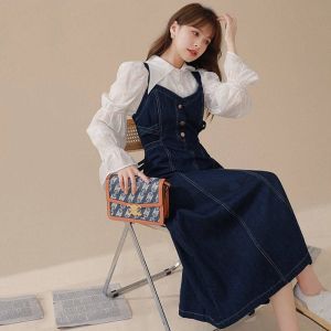 Denim plus size jumper dress jumperskirt 2021 autumn new denim slip dark blue design sense set womens two-piece temperament long㏇X0410
