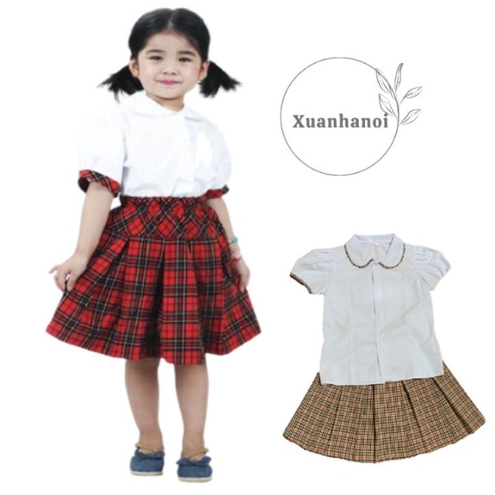 Áo sơ mi trắng phối xanh + Váy xanh đen Đồng phục học sinh nữ tiểu học -  Chất vải ĐẸP, bền màu - Tìm Voucher