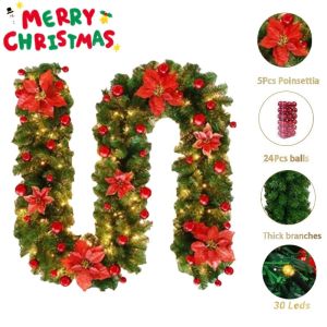 6/9FT Christmas Garland Indoor And Outdoor Decoration Green Christmas Wreath - Staircase Railing Fireplace Cloak Front Door Porch Holiday Wedding Party Decoration