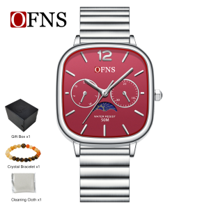 OFNS Moonphase Square Watch 50M Waterproof Quartz Watch with Natural Crystal Bracelet Black Gift Box Silicone/Bamboo Strap 12 Colors Student Teen Adult Couple Watch for Commute Date Gift