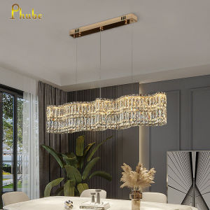 Modern Wave Shape Clear Crystal Linear Chandelier Long Hanging LED Ceiling Lamp Adjustable Pendant Light for Dining Room Cafe Small Restaurant Condo