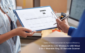 Eyoyo 2D Wearable Ring Barcode Scanner Mini Portable 3-In-1 USB Wired & 2.4G Wireless & Bluetooth Finger Scanner Image 1D QR Bar Code Reader PDF417 Data Matrix Screen Scanning for IPad iPhone Android PC
