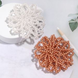 WNV55 Elegant Pearl Crochet Bun Net Elastic Korean Style Fake Pearl Hair Nets Fashion Handmade Hair Bun Covers Hair Accessories
