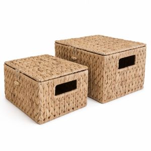 LUMIQLO Water Hyacinth Wicker Storage Basket Rectangular Built-In Handle Decorative Storage Box Durable Woven Organizer Bin Drawer Shelf Desktop Clothing