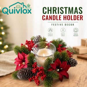 Quivlox Christmas Candle Wreath Holder Red Berry Pine Cone Table Centerpiece Holiday Party Home Decor