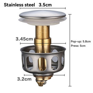 Stainless Steel Washbasin Drain Plug Sink Drain Cover Pop-Up Bounce Core Universal Kitchen/Bathroom Press Type Seal Stopper Hair Trap Piston Drainer Anti-Clog Leak Prevention for Basin Bathtub Lavatory