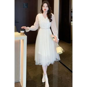 Tianshun Lace Mesh Spliced Midi Dress Ladies Fashion Fairy Feeling - Mode Wanita Pair with A Beautiful Belt