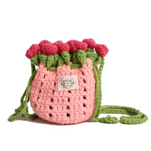 KEURGFKI Bohemian Rose Bouquet Weave Bag Crochet Cotton Rope Knitted Crossbody Bag Fake Flower Large Capacity Rose Beach Bucket Bag Birthday Gift