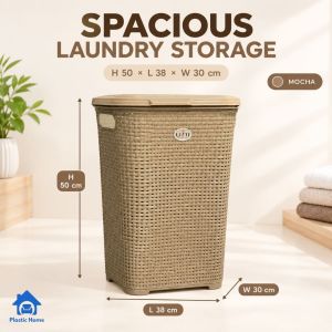 Laundry Basket With Lid Woven Plastic Clothes Hamper Storage Organizer Rattan Style With Handles For Home Laundry